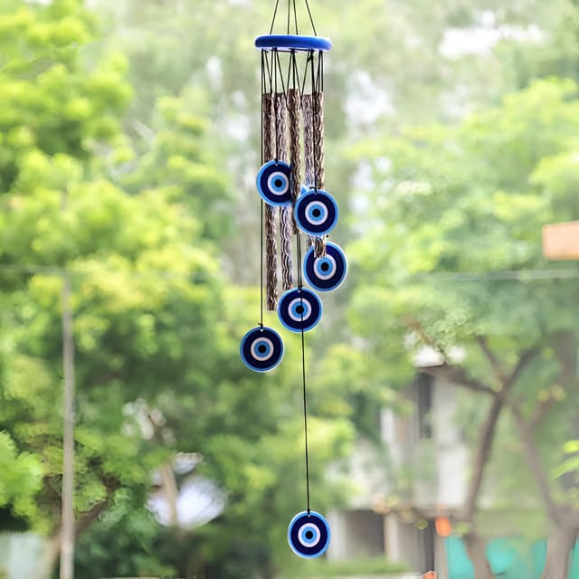 Evil Eye Wind Chimes for Balcony & Positive Energy - 5 Metal Pipes with Nylon Thread & 6 Wooden Evil Eyes with Melody