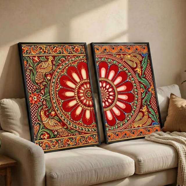 Decofide Traditional Indian Wall Painting Set of 2, Madhubani Art Inspired Floral & Paisley Artwork