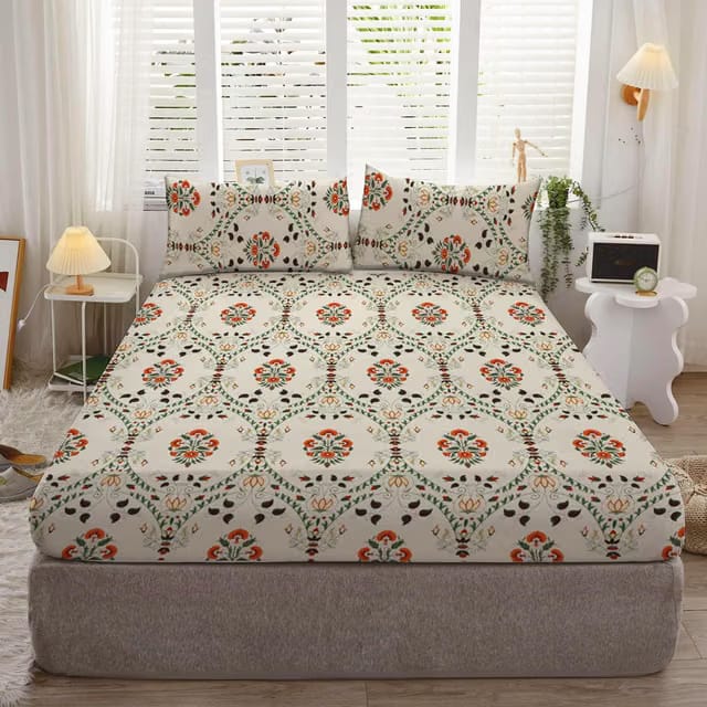 Cotton Feel Glace Cotton Elastic Fitted Printed King Size Double Bed Bedsheet with 2 Pillow Coverm Fits Upto 8 inches