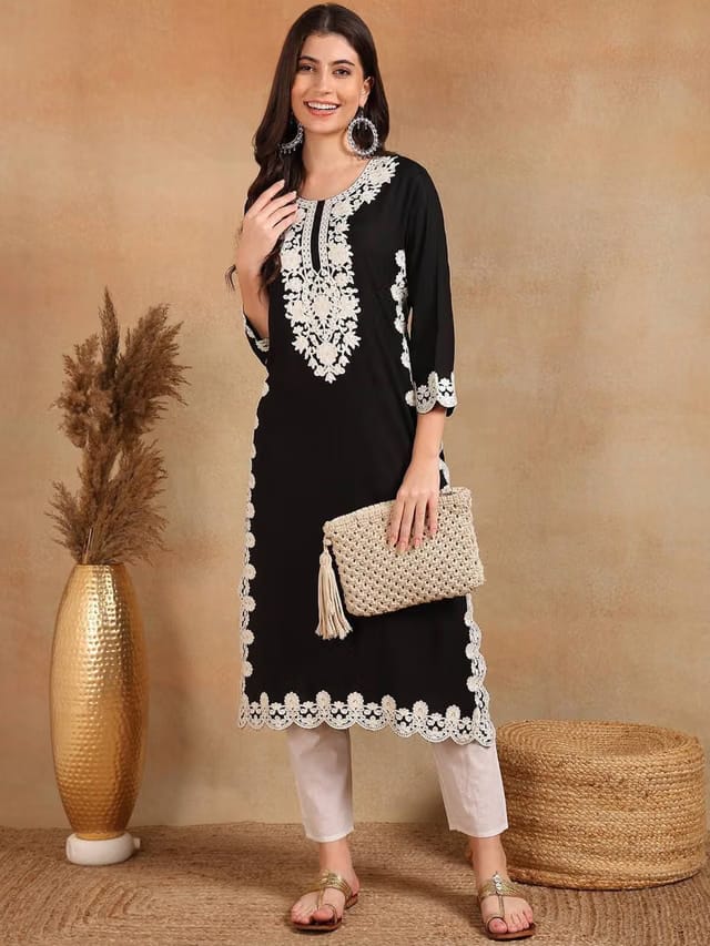 KALINI Floral Embroidered Round Neck Chikankari Straight Kurta