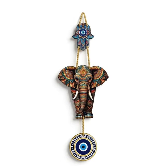 WalltoWow Elephant Vibrant Wall Hanging with Evil Eye Decor for Home Entrance, Vastu Wood Spiritual Mural