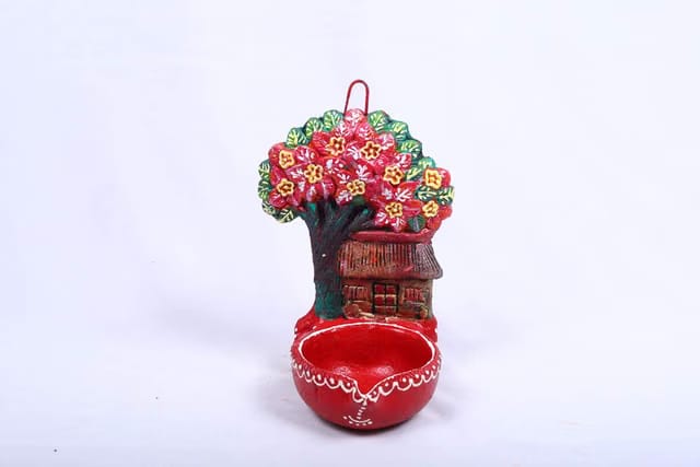 SD Creativity Hanging Tree House Terracotta/Clay Hand Painted Reusable Diya for Home Decorations and Gifting or Any