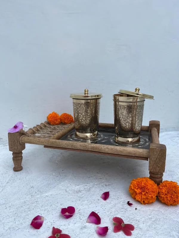 Brass Glass Set of 2 with Lid & Coaster