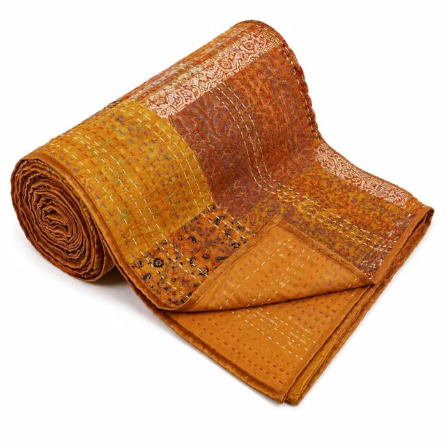 Handmade Silk Kantha Quilt – Mustard Gold Vintage Patchwork Bedspread, Reversible Hand Stitched Boho Throw Blanket