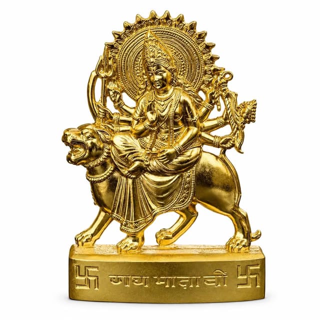 Salvus APP SOLUTIONS Maa Durga Idol on Lion, Golden Metal, Big, 4 Inch