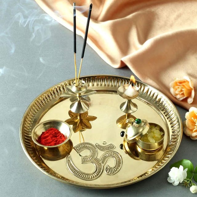 JAIPUR ACE Beautiful Pure Brass Pooja Thali Set with Om Carving Size