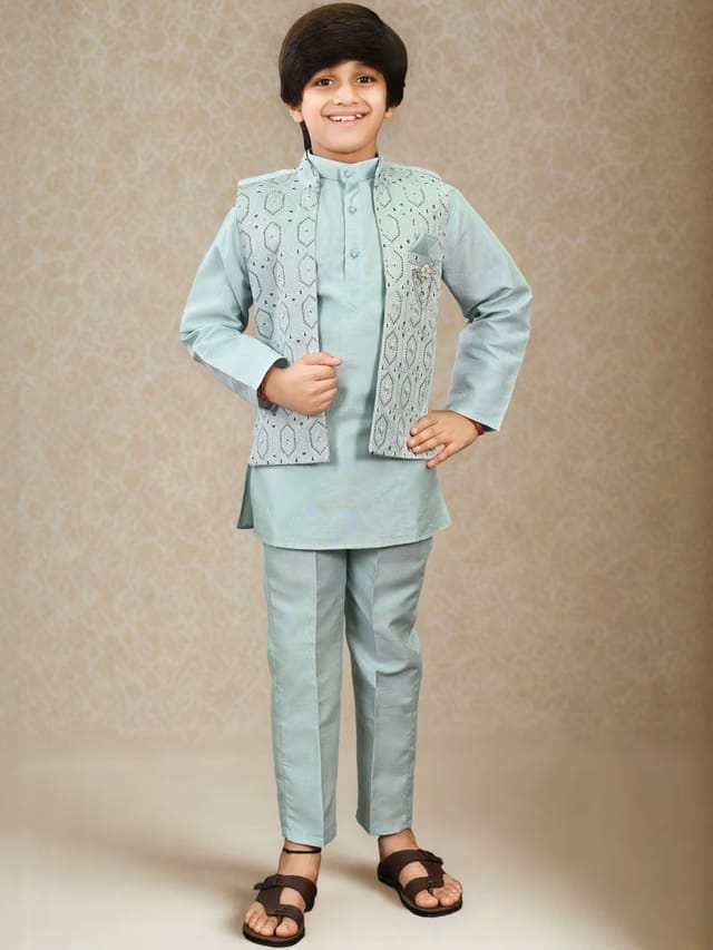 Boys Geometric Embroidered Mandarin Collar Sequinned Kurta with Pyjamas