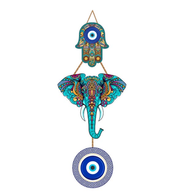 Kaameri Bazaar Evil Eye Hanging for Home Entrance, Elephant Design Wooden Turkish Blue Nazar Battu for Home Entrance