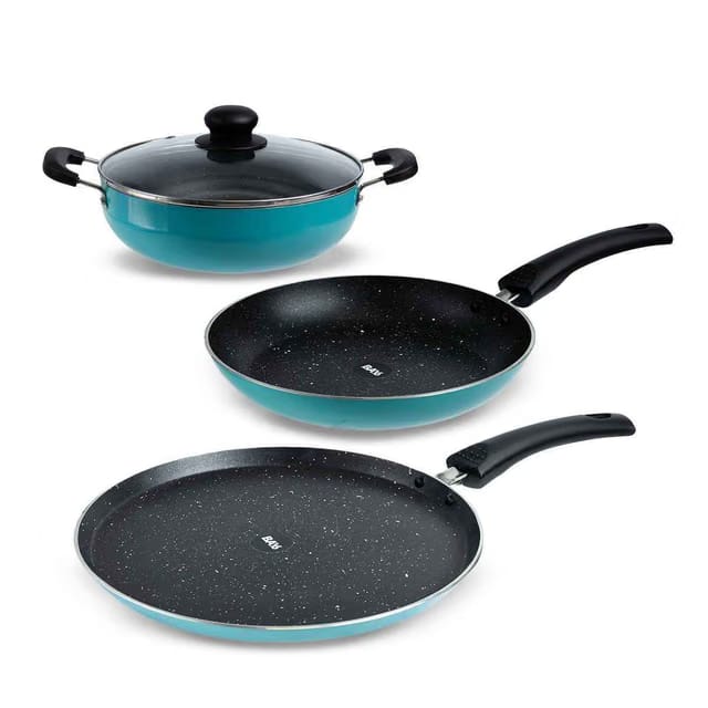 Induction Bottom Nonstick Cookware Set (28 cm Tawa + 24 cm Fry Pan + 22 cm Kadai) - Teal - (3pc)
