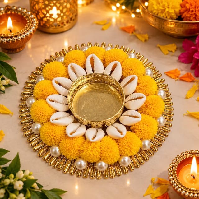 Handcrafted Pom-Pom & Cowrie Shell Tea Light Candle Holder
