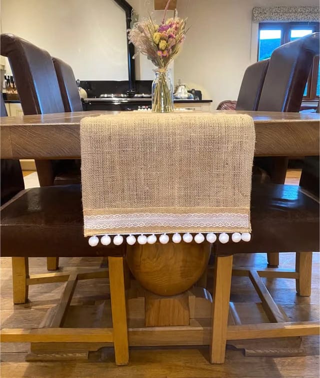 Birdwing Table Runner With A White Lace And Pom Pom Trim- Beautiful And Rustic Handmade Table Runner Natural Jute Sack