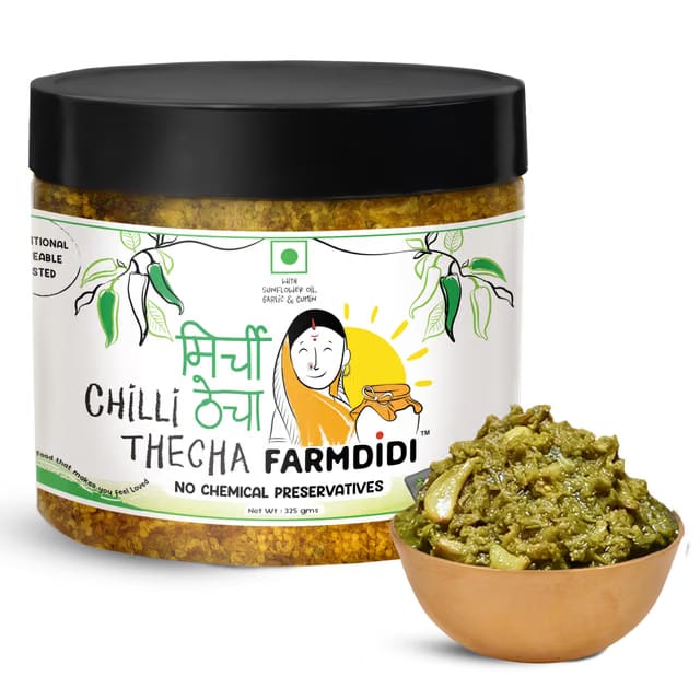 FarmDidi Spicy Green Chilli Thecha 325g In Fresh Homemade Sun-Dried Hari Mirch Ka Thecha Made With Sunflower Oil Ghar Ka