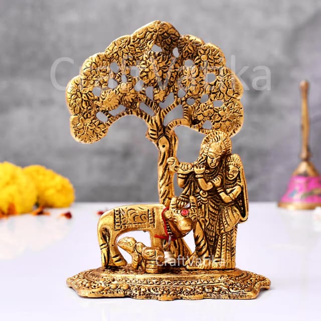 CraftVatika Radha Krishna Gift with Cow Calf Statue Murti Idol for Home Decoration