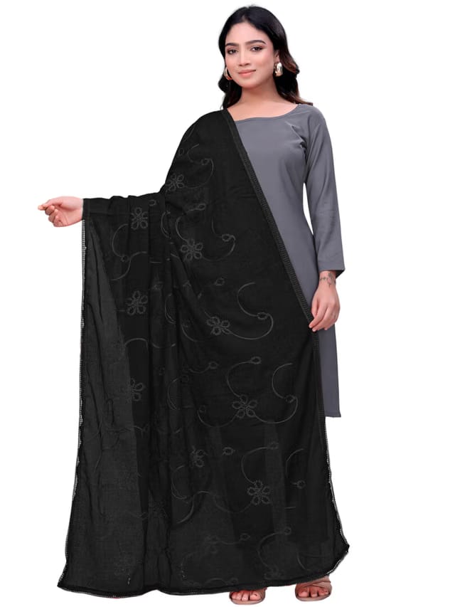 Pure Cotton Floral Phulkari Embroidered Dupatta with 4 Side Lace Border for Women