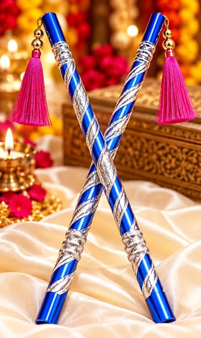 Metal Dandiya Sticks for Garba & Navratri with Tassel and Ghungroo - Dark Blue/Silver