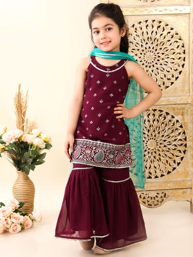 Girls Embroidered Gotta Patti Georgette Kurta with Sharara & Dupatta
