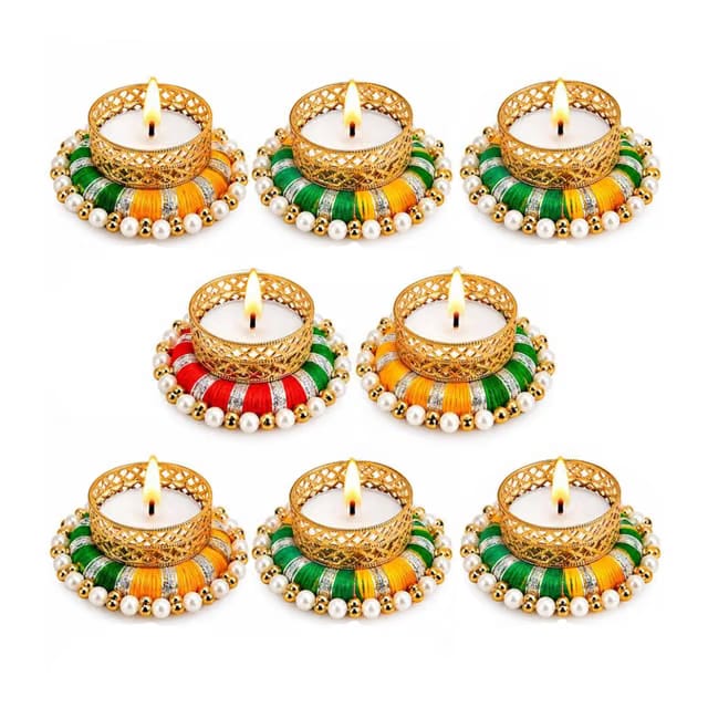 Set of 8 Handmade Tealight Candle Holders with Wax Tea Light Candles Diwali Decor, Multi Ring Design, Diya for Pooja