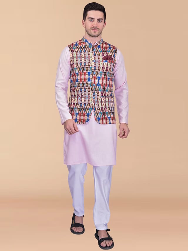 PRINTCULTR Pure Cotton Straight Kurta With Pyjamas & Nehru Jacket