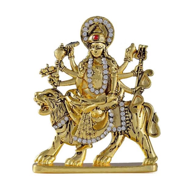 Relicon Goddess Maa Durga Sherawali MATA Idol on Lion (R-69) Gold Metal Statue for Car Dashboard