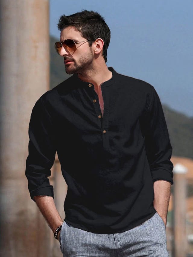 Anouk Cotton Roll-Up Sleeves Band Collar Straight Short Kurta