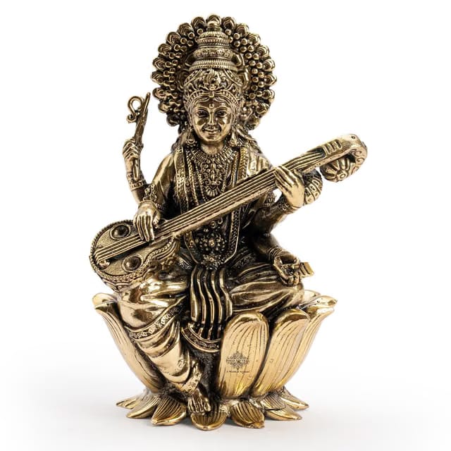 Brass Saraswati Idol, 2 Inch, Goddess Saraswati Sitting on Lotus for Study Desk, Pooja, Vastu & Gifting