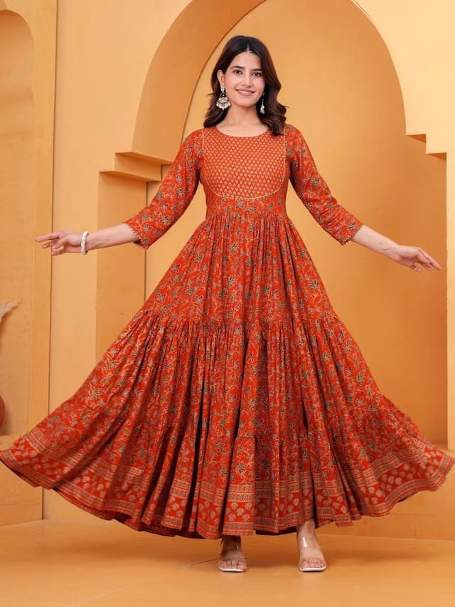 Navkriti Jaipur Women Ethnic Motifs Printed Thread Work Handloom Anarkali Kurta