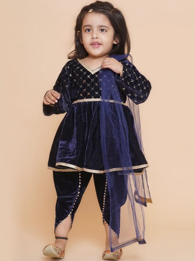 Titrit Girls Embroidered Empire Sequinned Velvet Kurta with Dhoti Pants & With Dupatta