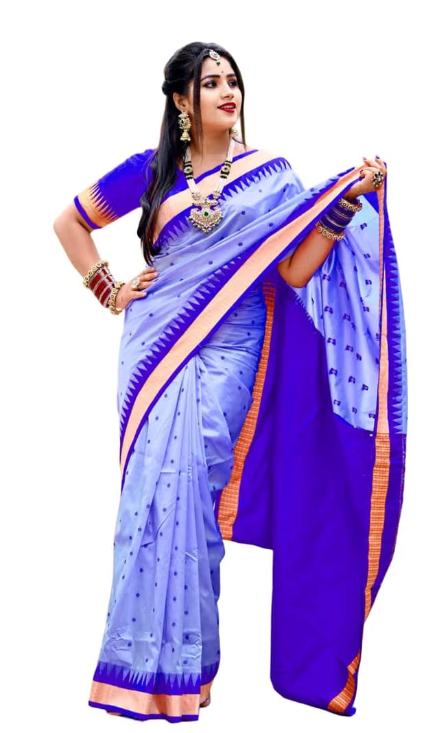 Sambhalpuri Odisha Silk Saree with Bomkai Temple Border and Contrast Color Zari Woven Design