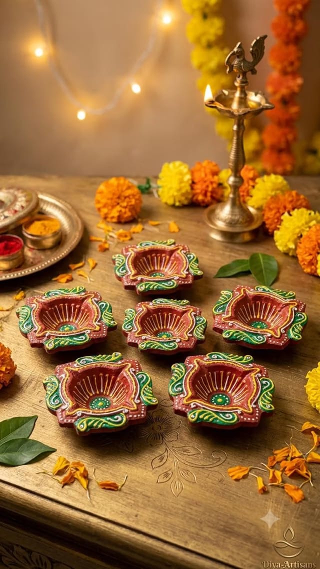 Diya Hand-Painted Clay Diya Set for 12 Pieces Diwali Decoration