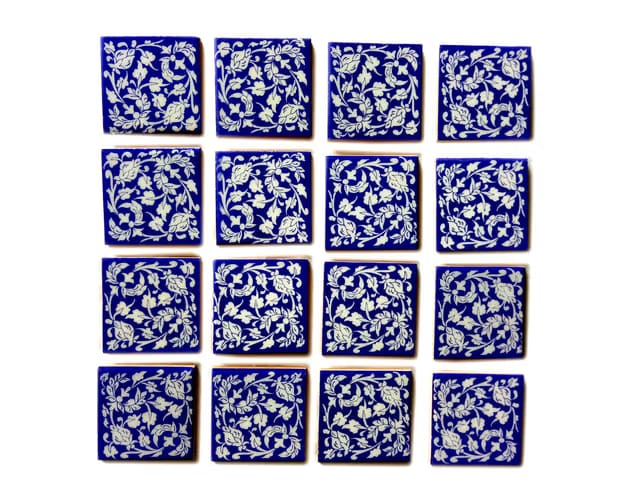 Shiv Kripa Blue Pottery Floral Kitchen & Washroom Decorative Ceramic Mosaic Wall Tiles 3 x 3 Inch 16 Tiles of Set