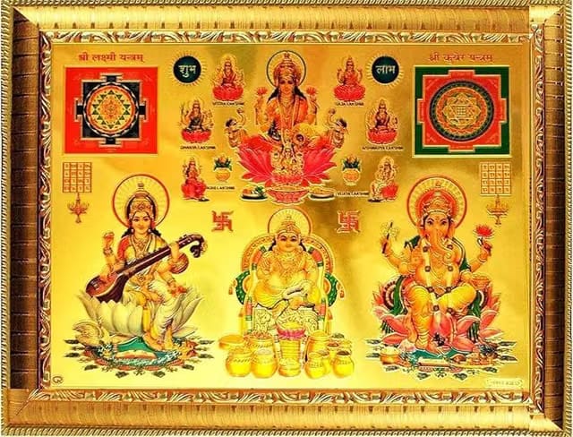 Golden foil Embossed god laxmi Ganesh Saraswati with kuber ji Photo Frame (7 x 5), Acrylic Wall Frame