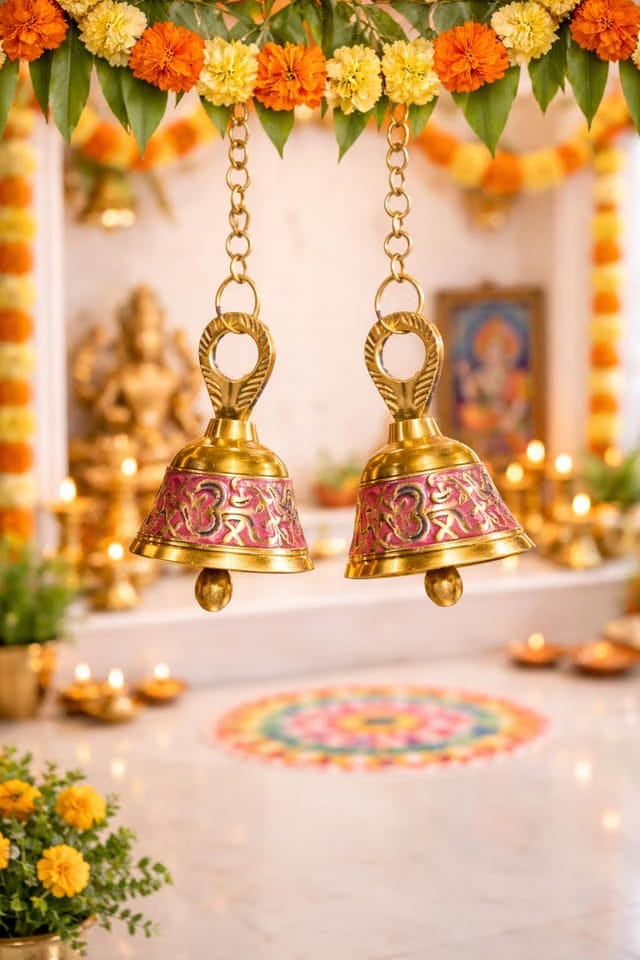 Handcrafted Brass Pooja Bells Set of 2 – Pink Hanging Ghanti with Antique Finish