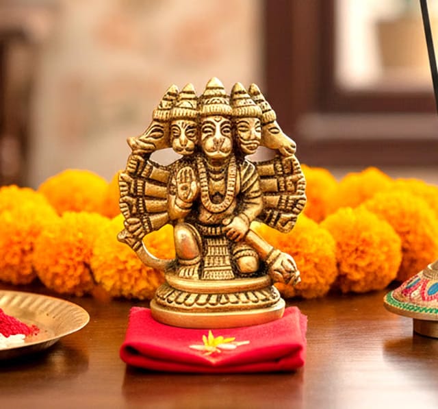 Brass Panchmukhi Hanuman Anjaneya Pavan Putra Bajrangbali Idol Murti Moorti Statue (2.5 Inch)