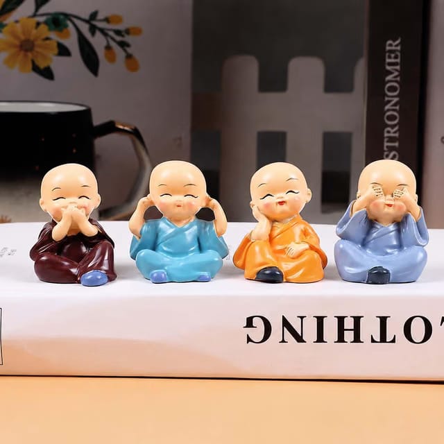 ascension Resin Buddha Monk Statues, Small, Multicolour, Set of 4 Buddha Figurine Good Luck Sculpture Decoration for