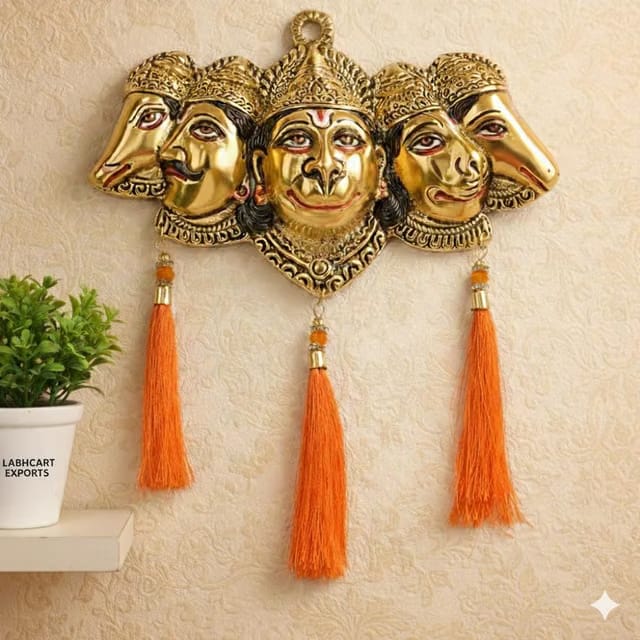 LABHCART Hanuman Wall Hanging, Gold Finish, Metal, Three Face Design with Orange Tassels, Indian Spiritual Decor
