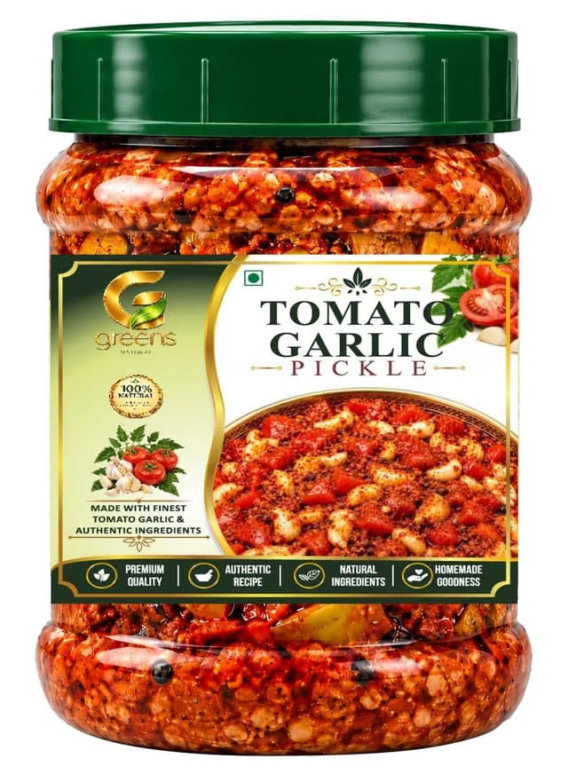 greens Natural Tomato Garlic Pickle 300g Pack of 1 Traditional South Indian Tomato Pickle with Garlic and Authentic