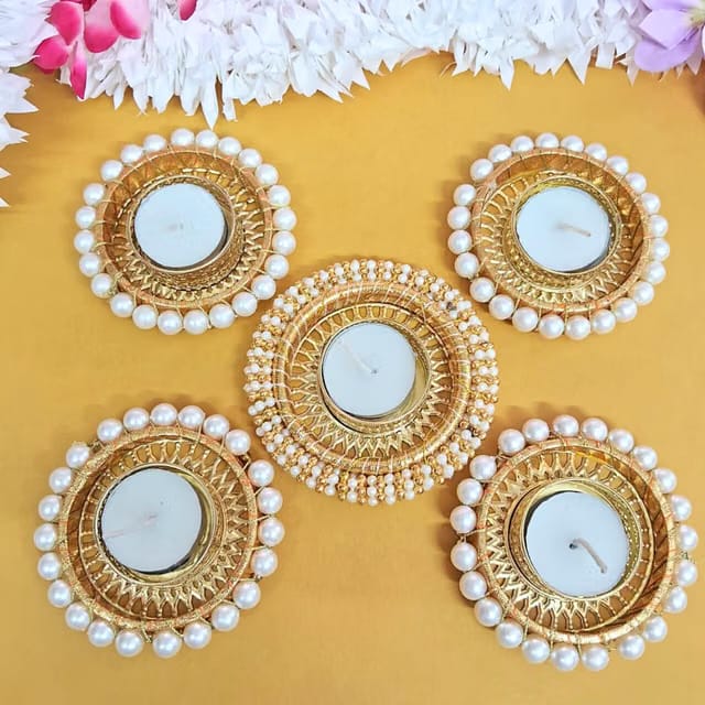 Alaukik Pearl Tea Light Holder Set of 5 Pcs, Candle Holder Stand for Diwali