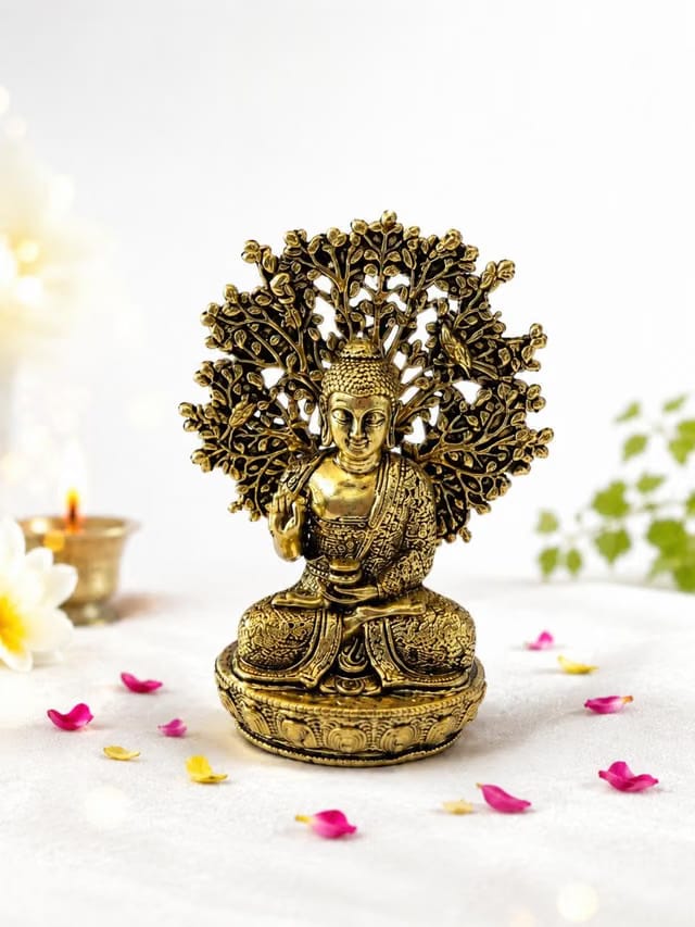 Buddha Statue with Tree of Life Design Brass Finish