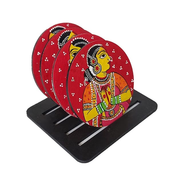 Engineered Wood an Exclusive Set of 4 Tea-Coasters-Hand-Painted with Cheriyal Painting