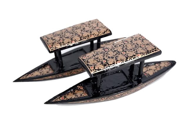 Handcrafted Kashmiri Papier Mache Shikara Boat of Kashmir, Traditional Black and Gold Maple Leaf Design