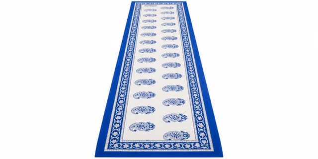 White Dark Blue Block Print Canavs Cotton 6 Seater Table Runner