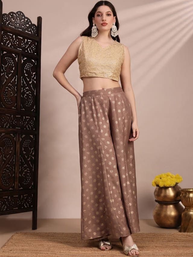 Floral Foil Printed Mid Rise Flared Festive Kali Palazzos