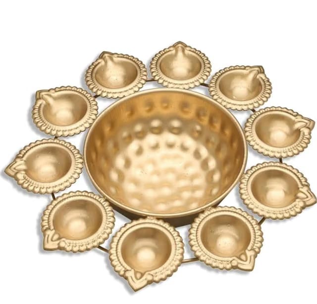 AMP Global Copper Metal Decorative Metal Diya (9 Diya) Traditional Diya Urli Tealight Holder Golden Bowl for Floating