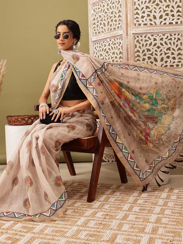 Silk Land Madhubani Design Cotton Blend Digital Print Saree