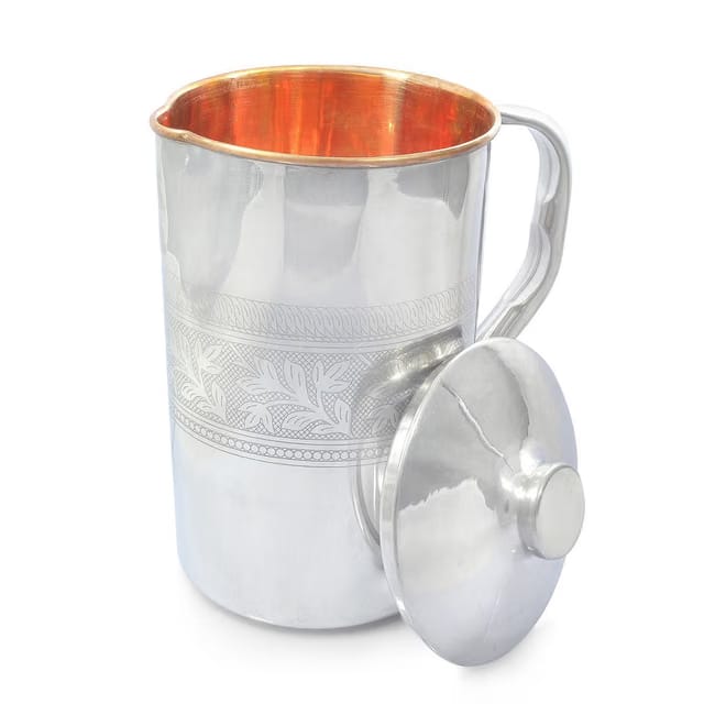 Hand Embossed Pure Copper High Quality Jug with Lid for Health Benefits 59 Brown Set of 1