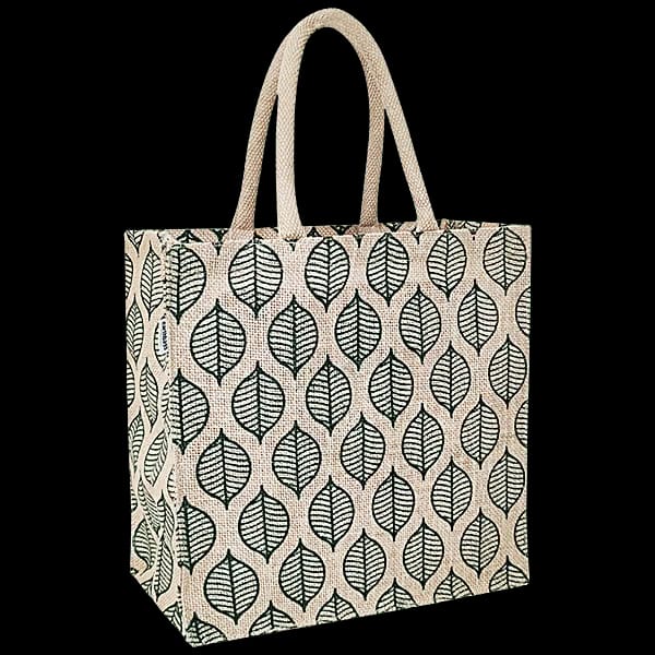 Lunch Bag/Gift Bag - Jute, Black Leaf Printed, With Padded Handles, 1 pc