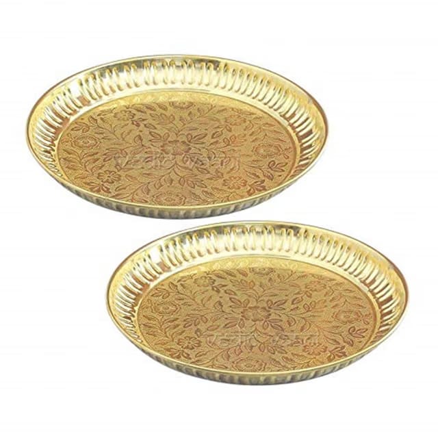 Skywalk Set of 2 Handmade Brass Puja Thali with Flower Emossed Design,Brass Pooja Plate for Home & Office Decoration &