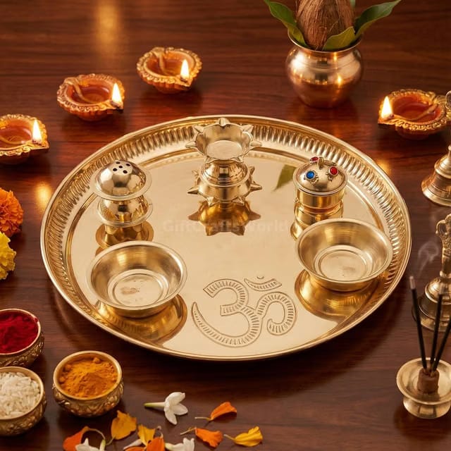 9 Inch Pure Brass Fixed Pooja Thali Set, Om Embossed Traditional Aarti Plate With Aggarbatti Stand
