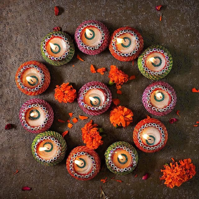 True Decor Handmade Clay Wax Filled Diyas Deepak for Diwali Decoration Candle Set of 10