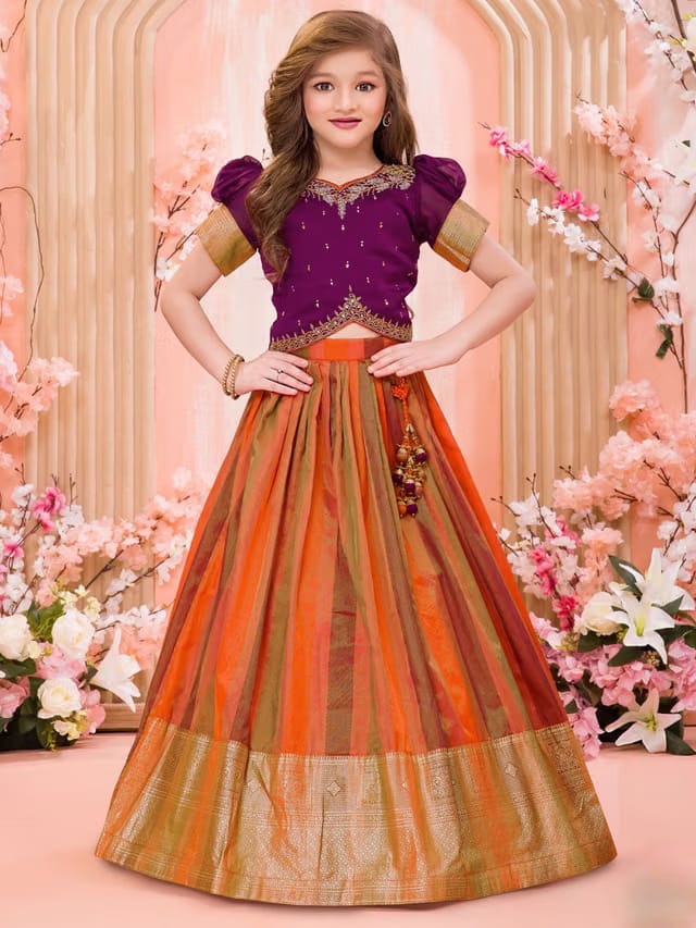 Lagorii Girls Embroidered Thread Work Puff Sleeves Ready to Wear Pattu Pavadai